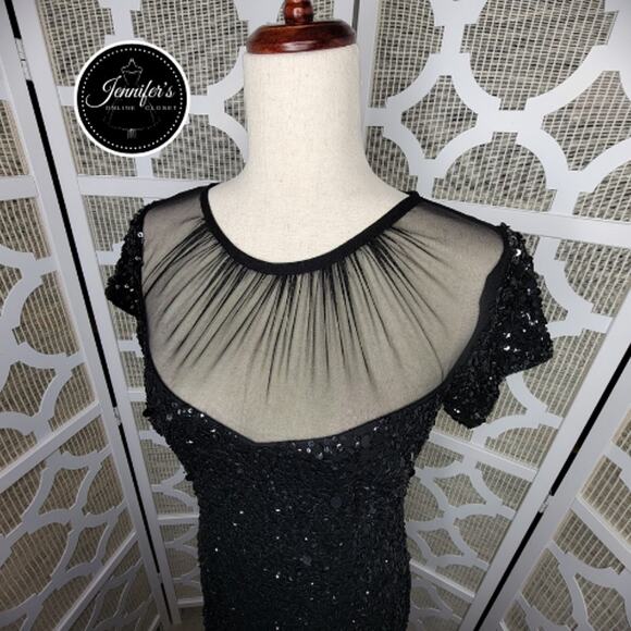 Adrianna Papell Black Sequin Embellished Mesh Neckline Sheath Dress Size 8 - Picture 2 of 12